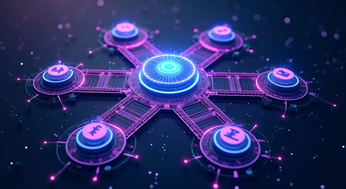 Aave V4 hub-and-spoke 架构示意图:中心是统一的流动性 hub,周围是按资产类型分片部署的多个 spoke 借贷市场,通过 cross-spoke 通信协议互相连接